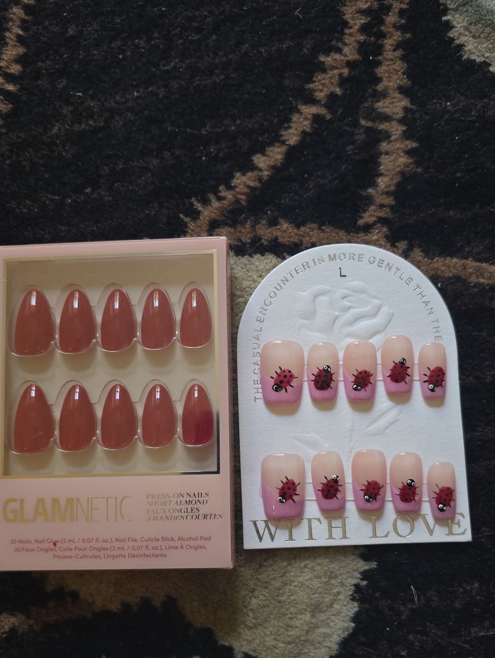 Press-On Nails - Pink Nude & Pink Ladybug Accent Set And Classic Red